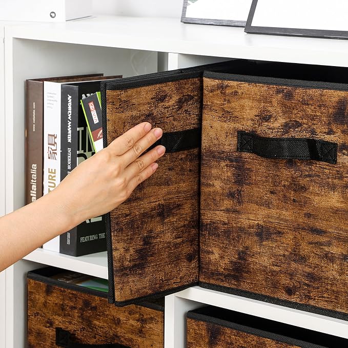Stero Fabric Storage Cubes, 6 Pack Foldable Storage Bins with Handle, 11 Inch Box for Shelves, Closet, Organizer, Rustic Brown and Black