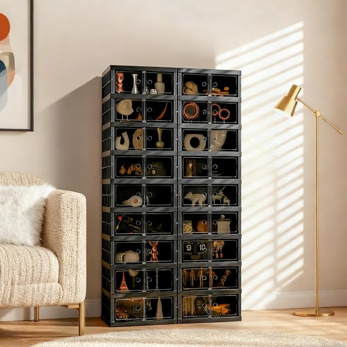 Foldable Shoe Organizer Storage Box Set of 4, Portable Extra Large Folding Shoe Rack for Closet, Shoe Storage Box with Magnetic Transparent Door and Wheels, 9 Layers 18 Grids