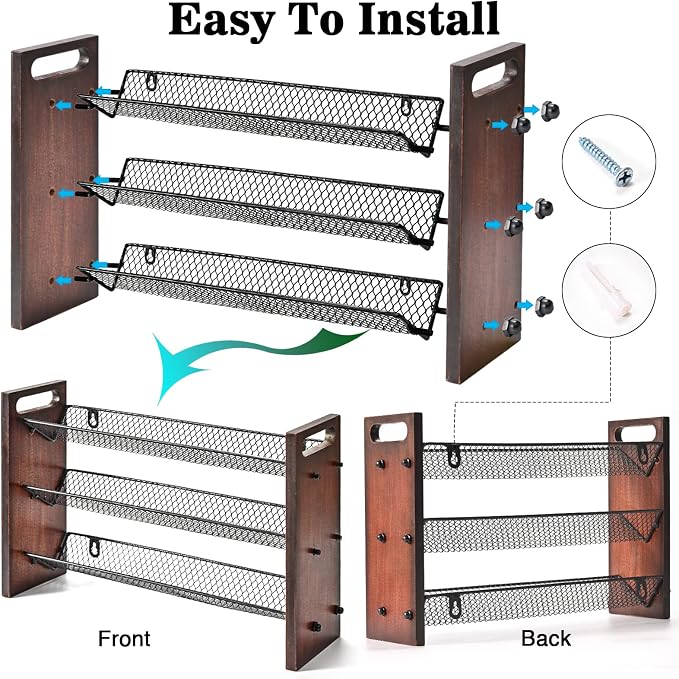 Spice Rack, Spice Rack Organizer without Seasoning Jars, Wooden Rustic 3 Tier Kitchen Spice Organizer Shelf for Cabinet, Countertop or Wall Mount