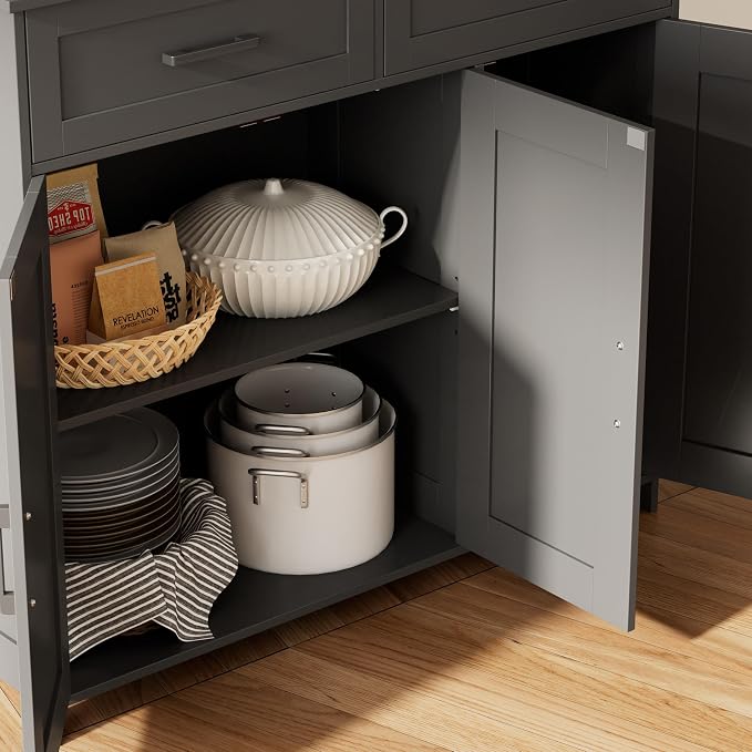 Homhedy Coffee Bar Storage Cabinet with Drawers, Kitchen Buffet Cabinet | Sideboard Cabinet with Doors, Farmhouse Buffet Cabinet, Adjustable Shelves, for Kitchen / Dining / Living Room, Black