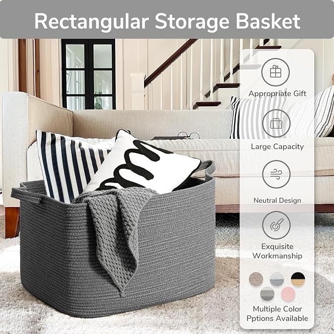 Goodpick Extra Large Woven Storage Basket, Cotton Rope, Dark Gray | 85L, 23.6 x 15.7 x 13.8 in, Living Room, Bedroom & Nursery Organization, Blankets, Clothes, Toys & Pillows Storage