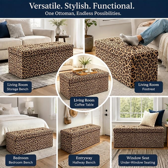 ALASDO 43 Inch Folding Storage Ottoman Bench with Hidden Storage, PU Leather Ottoman Foot Rest Stool, End of Bed Bench for Bedroom, Living Room, Entryway and Closet, Leopard Print