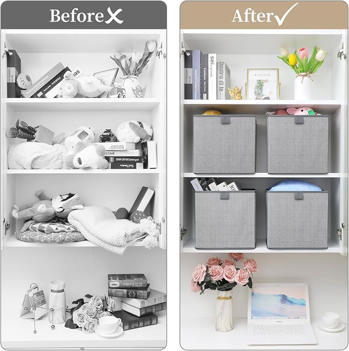 Storage Baskets, 11.8-Inch Woven Fabric Bins, Storage Cubes with Reinforced Handles, Organizer Bins for Closet Shelves, Foldable, for Toys, Clothes (3PCS/Grey-11.8*11.8*11.8inch)