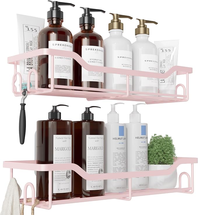 Kitsure Shower Caddy, Adhesive Shower Organizer, Large, Pink | Stainless Steel Shelf for Inside Shower, No Drill Bathroom Organizers and Storage, Home Decor Accessories