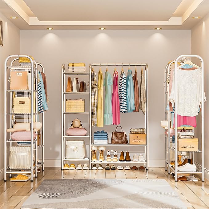 Heavy Duty Clothes Rack with 5 Tiers Shelves, Max Load 670LBS, Portable Freestanding Multi-Functional Metal Clothing Rack with Hanging Rods Organizer System for Bedroom Closet Wardrobe, Chrome
