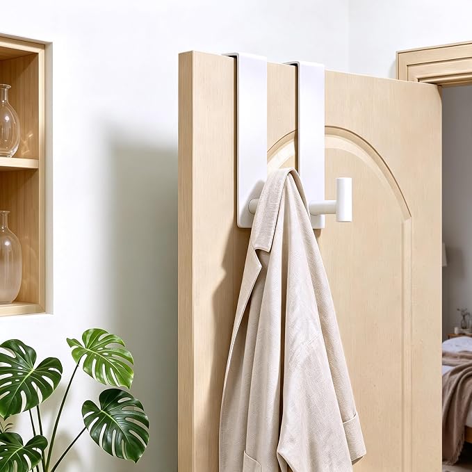 WUIVIUT Over Door Hooks, Metal Hooks Organizer for Hanging, Over The Door Storage Rack for Robe,Towel Holder for Clothes (White, T Shape 2 Pack, Fits 1-3/4'' Thick)