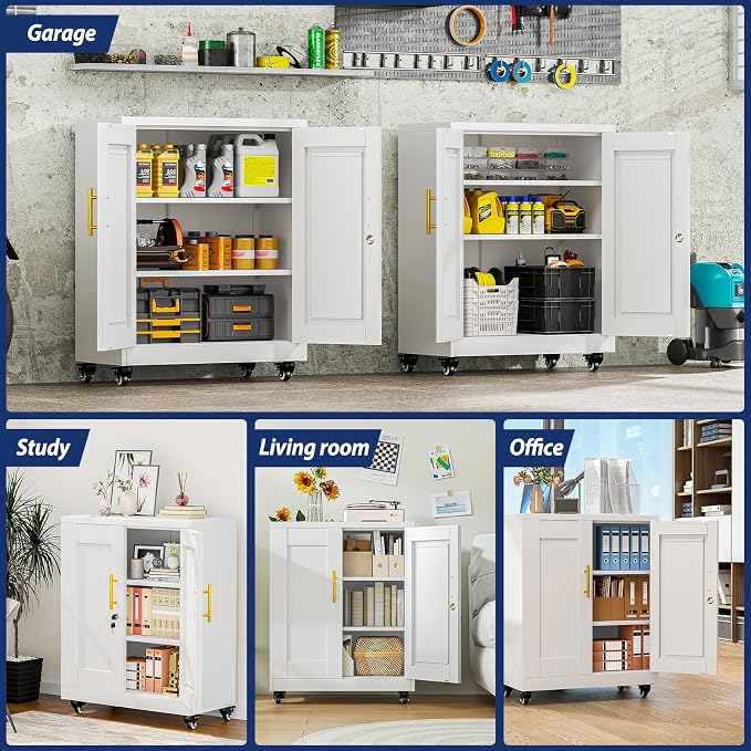 PAOFIN Metal Storage Cabinet-35” Tall Steel File Cabinets with Lockable Doors and Adjustable Shelves, Steel Tool Cabinet with Wheel for Home, School, Office, Garage White