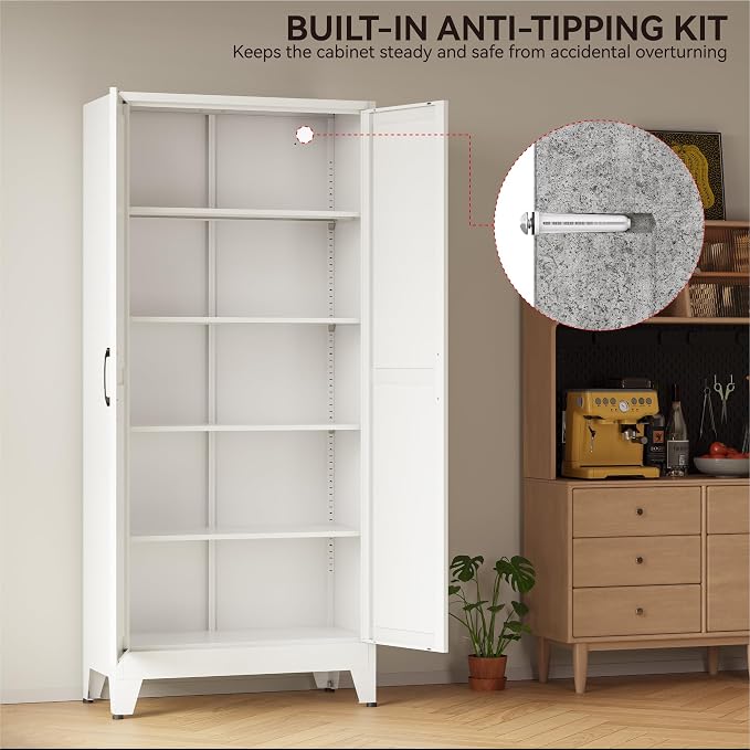 COFaR 71" White Farmhouse Pantry Cabinet with Doors and Adjustable Shelves | 5-tier kitchen pantry cabinet with square-panel doors and 4 adjustable shelves for laundry room, office or garage storage.