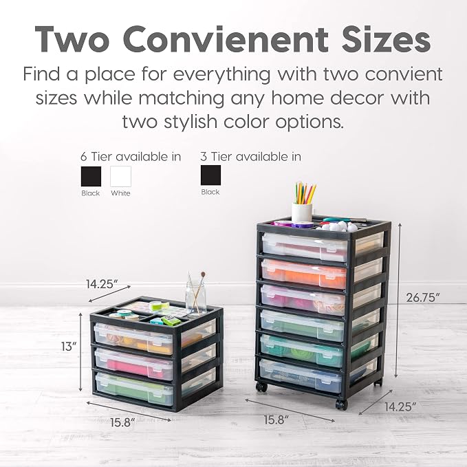 IRIS USA Rolling Cart with Drawers |Made in USA| 6-Tier Cases - Black/Clear | Fits 12"x12" Paper, Built-In Handles, Storage Unit with Supply Top for Craft, Art, Office Supplies, Pens & Pencils