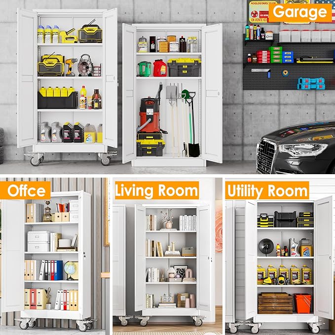PAOFIN 61''H Metal Garage Storage Cabinet with Wheels,Steel File Cabinets with 2 Doors and 3 Adjustable Shelves for Home Office, Warehouse, Required Assembly,White