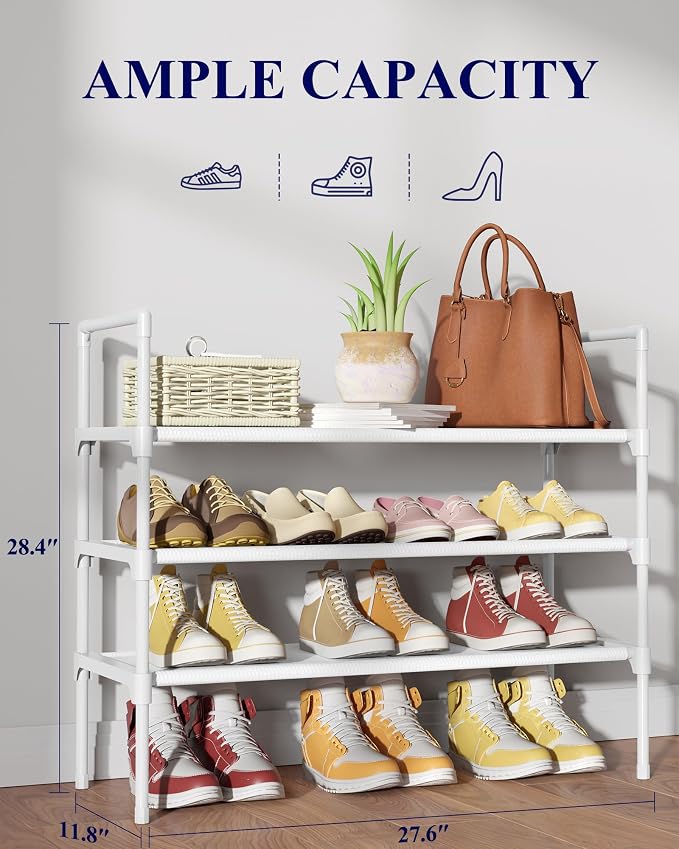 Kitsure Shoe Rack for Closet, Shoe Organizer, 27.6" Wide - 3 Tier, White | Shoe Storage for Closet, Entryway, Easy- Assembly& Space-Saving Shoe Shelf with Side Handle, Closet Organizer
