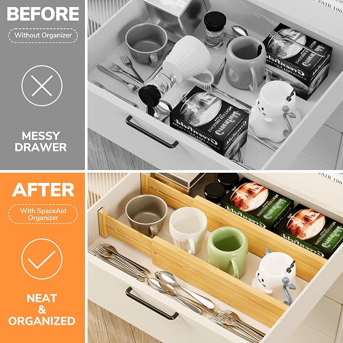 BAMEOS Bamboo Expandable Drawer Dividers – Fits 13.3"–19" Drawers, 3" Deep Walls, Set of 4 | Spring-Loaded Separator for Deep Kitchen & Bathroom Drawers, Prevents Items Falling Over