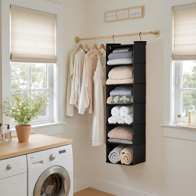 GRANNY SAYS 6 Shelf Hanging Closet Organizers and Storage, Collapsible Closet Hanging Organizer with 2 Sturdy Hooks, Large Hanging Shelves for Weekly Clothes Organizer, Black