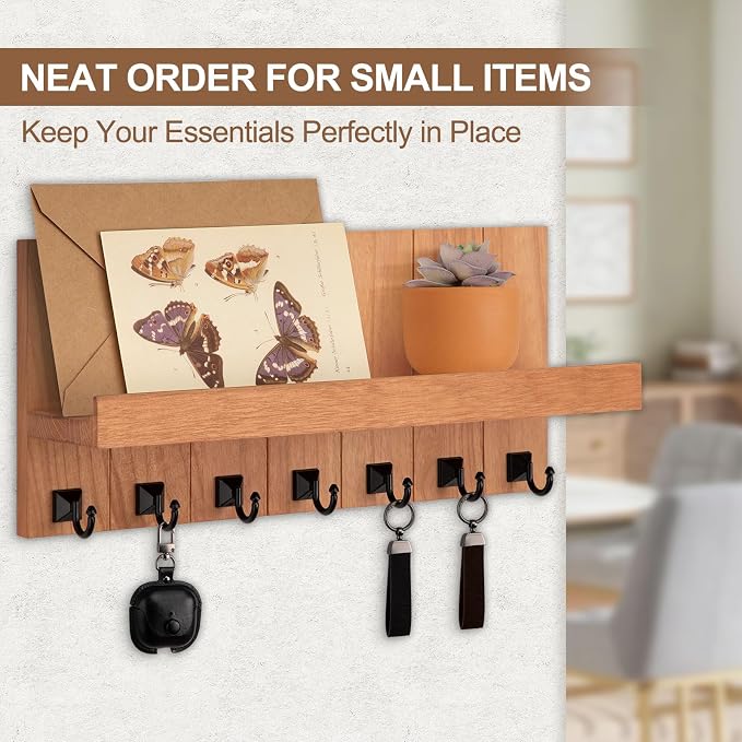 Key Holder for Wall, Decorative Key Holder with Shelf, Key and Mail Holder Wall Mount, Farmhouse Decor with 7 Key Hooks for Keys, Coats, ect.