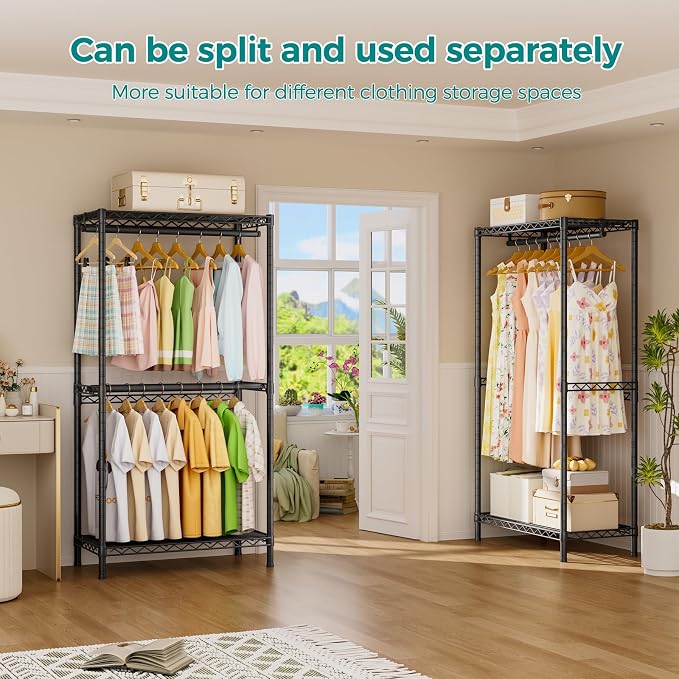 SINGAYE Heavy Duty Portable Closet Metal Clothes Racks Wardrobe with Shelf | Armoire Garment Rack Coat Rack with Adjustable Shelves Organizer and Storage for Hanging Freestanding Clothes Clothing Black