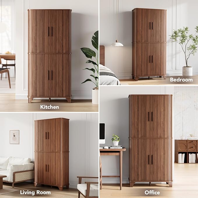 Decofy 69" Tall Kitchen Pantry Storage Cabinet with Sliding Door, Modern Curved Edge Pantry Storage Cabinet with 5 Shelves, Cupboard for the Kitchen, Dining Room, Bedroom, Living Room, Office (Walnut)
