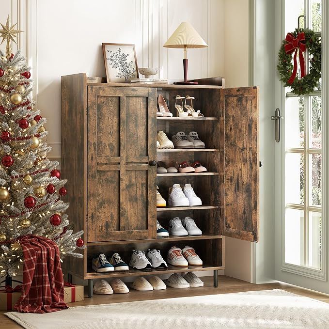 ComfyCorner Brown 7+1 Tier Farmhouse Shoe Storage Cabinet - 45" Tall Entryway Organizer with Cross Molding Doors, 3 Adjustable Shelves & Metal Legs, Shoe Rack for Front Door Entrance
