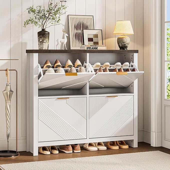 Shoe Cabinet with 4 Flip Drawers & Symmetric Groove Pattern for Entryway | 44.5''W x 9.2''D x 39.4'' White Fit for 16-24 Pairs of Shoes Slim Narrow Hidden Shoe Storage Cabinet for Hallway Living Room