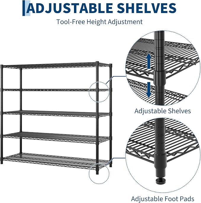 Garvee 5-Tier Wire Shelving 3200LBS Heavy Duty Storage Shelves Garage Rack |