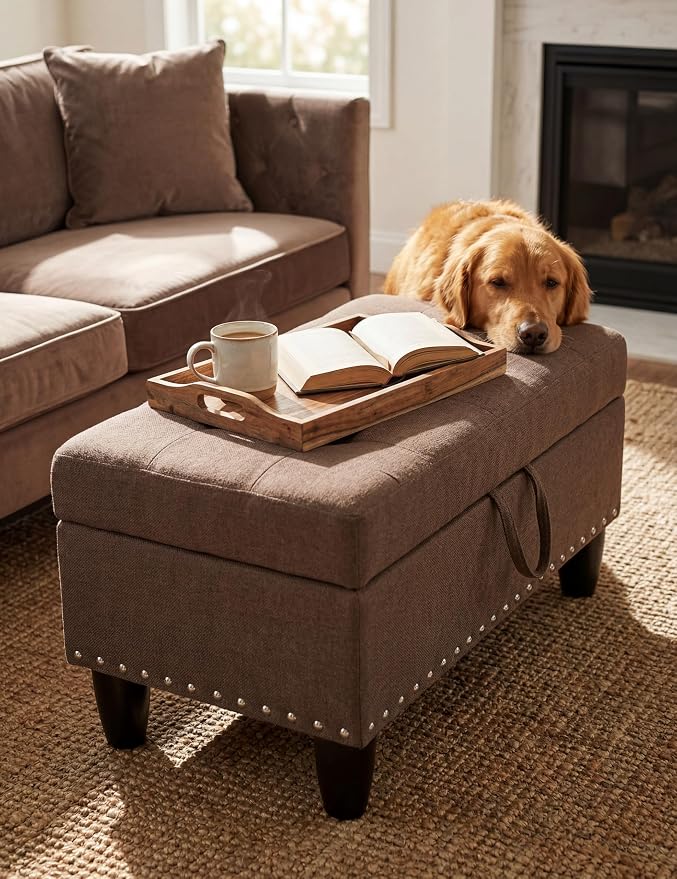 Ottoman with Storage, 28.5 inch Liner Storage Ottoman with Padded Seat, Large Entryway Bench with Solid Wood Frame, Upholstered Sturdy Foot Rest for Living Room, Bedroom, Entryway, Brown