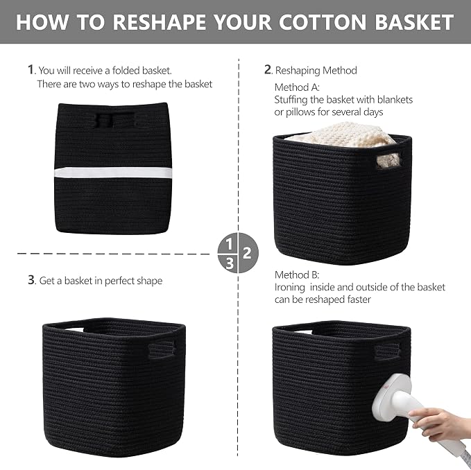 UBBCARE Set of 4 Storage Basket-13 X 13 X 13 in, Cotton Rope Basket for Shelves, Toys, Book, Cube Storage Bins with Handles, Woven Storage Basket for Organizing, Black