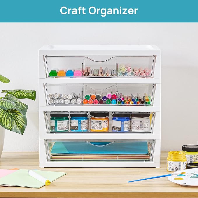 Vtopmart Clear Desktop Organizer, 4-Tier Drawer Storage with Dividers