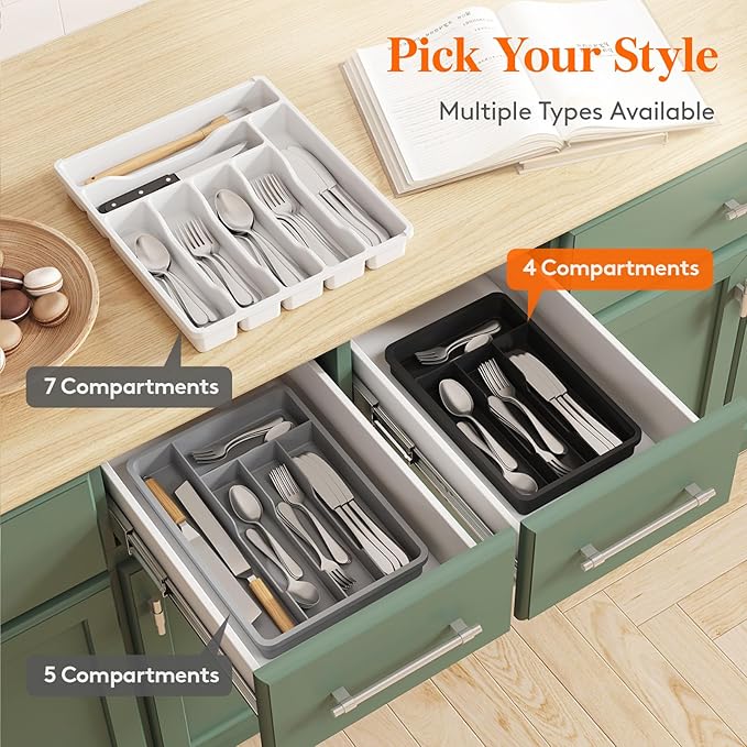 Lifewit Silverware Drawer Organizer Tray, Plastic Cutlery Storage for Kitchen, Flatware and Utensil Holder Divider for Spoons Forks Knives Tableware, 7.8 x 12.4", 4 Slots, Black