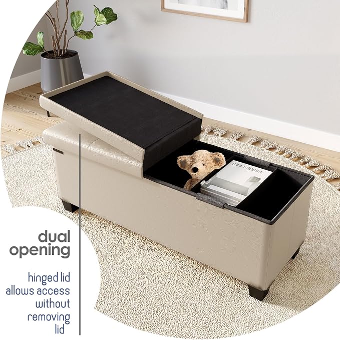 Storage Ottoman Bench with Bins, 43-in Storage Bench for Bedroom End of Bed, Folding Foot Rest Ottoman for Living Room Max 660lbs, Leather Ottomans, Beige