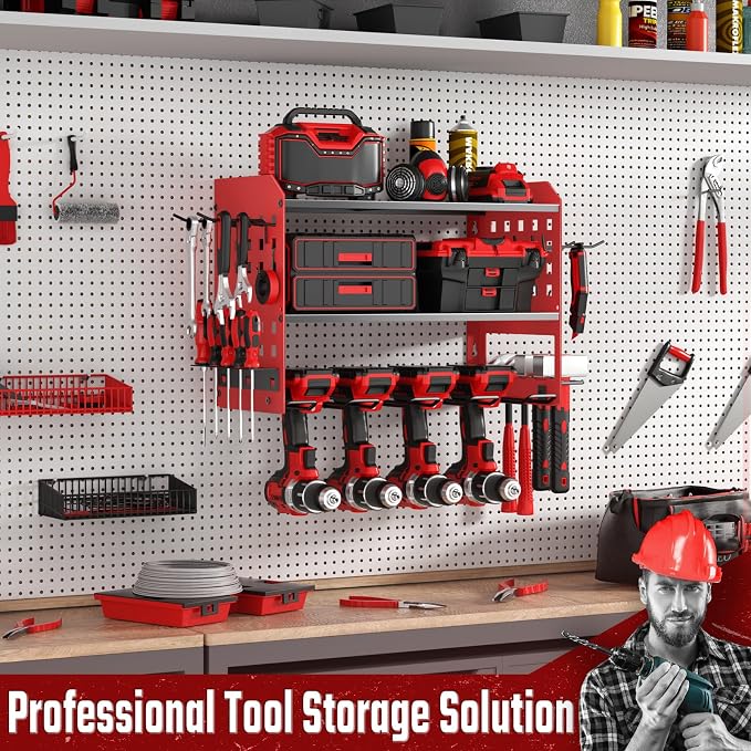 SUNALLY Power Tool Organizer, Wall Mount Garage Tools Storage Rack, Red | Metal Tool Storage Rack with 4 Drill Holders, Heavy Duty Power Tool Shelf for Garage,Warehouse,Workshop, Gift for Men,Husband