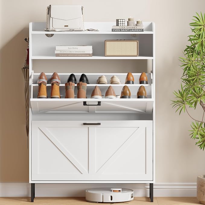 Shoe Cabinet with 2 Flip Drawers, Freestanding Hidden Shoe Storage Organizer for Entryway, Narrow Slim Shoe Rack Cabinet with Open Storage & Hooks for Front Door Entrance, Living Room, Hallway, White