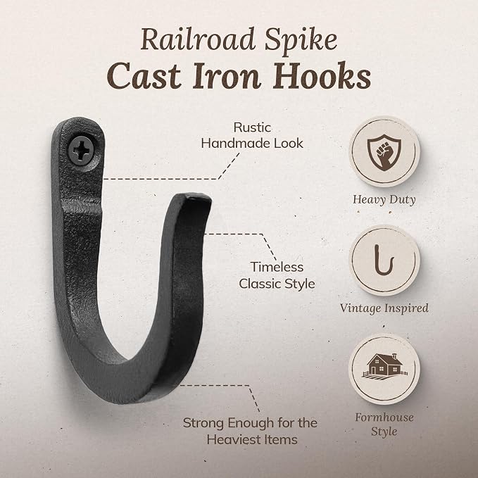 2 inch Railroad Spike Cast Iron Hooks (15 Pack) Blacksmith, Wall Mounted Farmhouse Decorative Hooks, PowderCoated for Interior or Exterior Use, Rust Proof for Hanging Coats, Bags or Pots (Black)