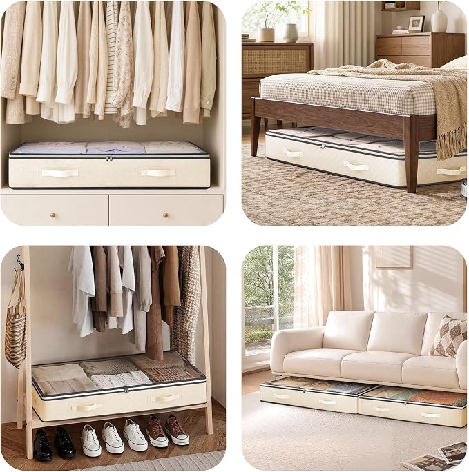 Budding Joy 90L Under Bed Storage Containers, 2 Pack Beige | Underbed organizers and clothing storage bags, closet storage bins with for blanket comforter bedding clothes bedroom dorm