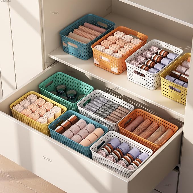 ORGIDOL Plastic Storage Basket with Lids 10 Pack Stackable Colorful Storage Bins Containers with Lid, Decorative Storage Boxes for Organizing Shelves, Drawers, Playroom, Classroom, Office, Closet