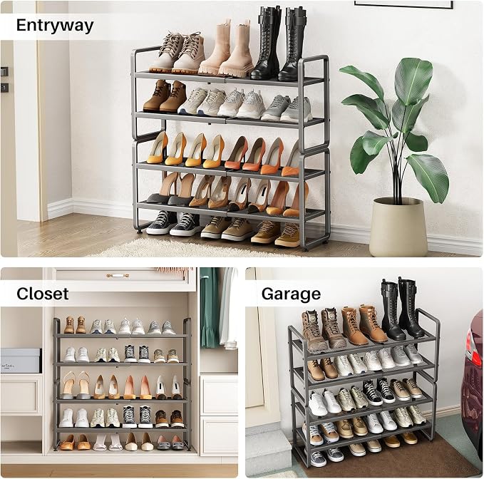 SNTD Shoe Rack - Expandable Shoe Organizer for Closet, Adjustable Metal Shoe Shelf Storage, Stackable Long Shoe Stand Holder for Garage, Entryway, Door Entrance (Grey, 4-Tier)