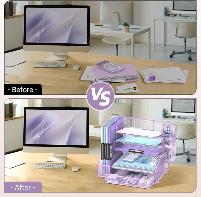 5-Tier Desk Organizer with File Holder & Pen Holder & Drawer, Purple | Mesh Metal Paper Letter Tray for Papers, Mail, Office Supplies, and Desk Accessories
