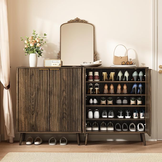 Fluted Shoe Cabinet with Doors, 5-Tier Shoe Storage Cabinet with Adjustable Shelves, Wooden Freestanding Shoe Organizer Shoe Cabinet for Entryway,Hallway,Living Room,Walnut
