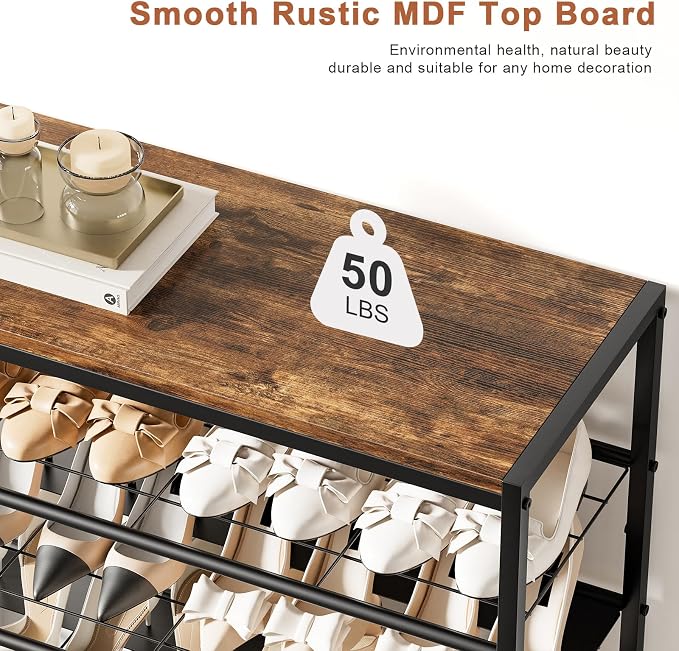 12 Tier Metal Shoe Rack with Wood Top, 40-48 Pairs Rustic Brown | Tallest 77.5in for maximum storage. 3 iron sheets for heels. Removable layer fits tall boots. Display top.