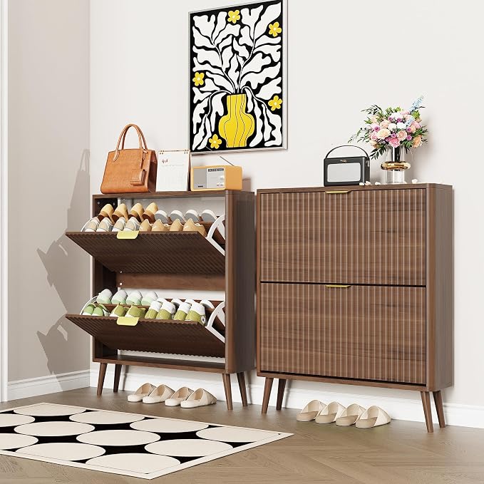 KIGOTY Narrow Shoe Storage Cabinet, Shoe Cabinet with 2 Flip Drawers, Freestanding Shoe Organizer with Legs for Entryway, Slim Shoe Rack Cabinet for Enterway (Walnut, 2 Flip Drawer)