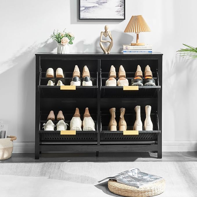4-Flip Drawer Shoe Cabinet Narrow Entryway Rack, Black | Vertical Wood Grain, Metal Handles, Adjustable Compartments, Removable Shelf, Anti-Tip Device, for Hallway Foyer Entryway