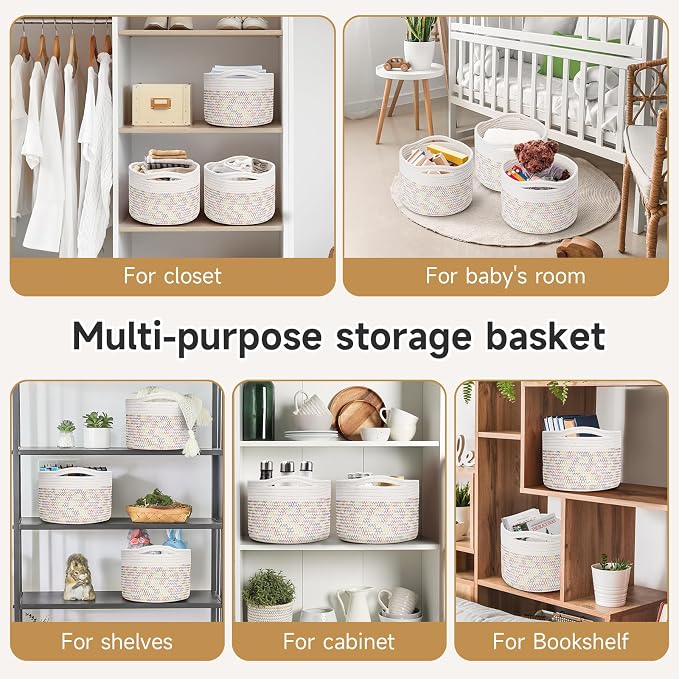 3 Pack Small Rope Storage Baskets, 9.82×9.82×7.1", Rainbow | Cotton Basket for Gifts Empty, Cute Round Woven Basket, Decorative Shelf Basket Organizer, Organizing Basket for Shelves