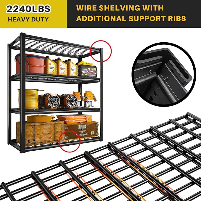 REIBII 40" W Storage Shelves with Wire Mesh Panels for Garage Organization | 560Lbs/tier, 40" W x 19.5" D x 59.5" H, Adjustable, 4-Tier, Double-Layer Frame, Rustproof Finish, for Basement Warehouse, 3Pc