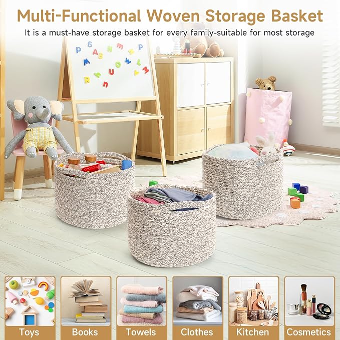3 Pack Small Rope Storage Baskets, 9.82×9.82×7.1", Brown | Cotton Basket for Gifts Empty, Cute Round Woven Basket, Decorative Shelf Basket Organizer, Organizing Basket for Shelves
