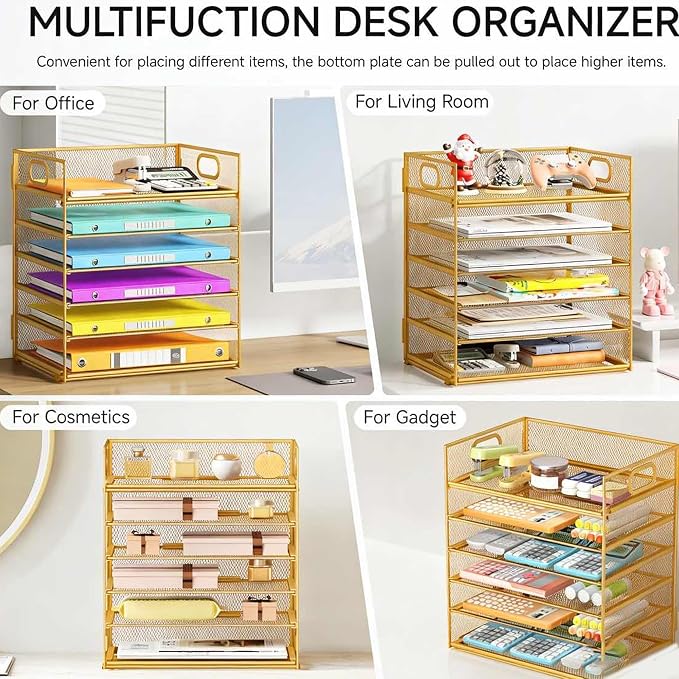6 Tiers Letter Tray Paper Organizer with Handle, Mesh Desk File Organizer, Metal Desktop Document Shelf Organization, Paper Sorter Organizer for Office, Home or School File Folder Holder (Gold)