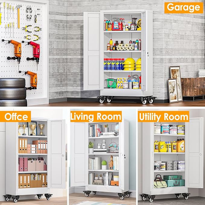 PAOFIN Metal Garage Storage Cabinet with Wheels,Steel File Cabinets with 2 Doors and 3 Adjustable Shelves for Home Office, Warehouse, Required Assembly,White