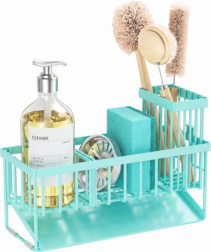 Cisily Kitchen Sink Caddy Organzier with High Brush Holder, Sponge Holder for Sink, 304 Rustproof Stainless, Kitchen Countertop Soap Dispenser Organizer (Turquoise, 9.25″)