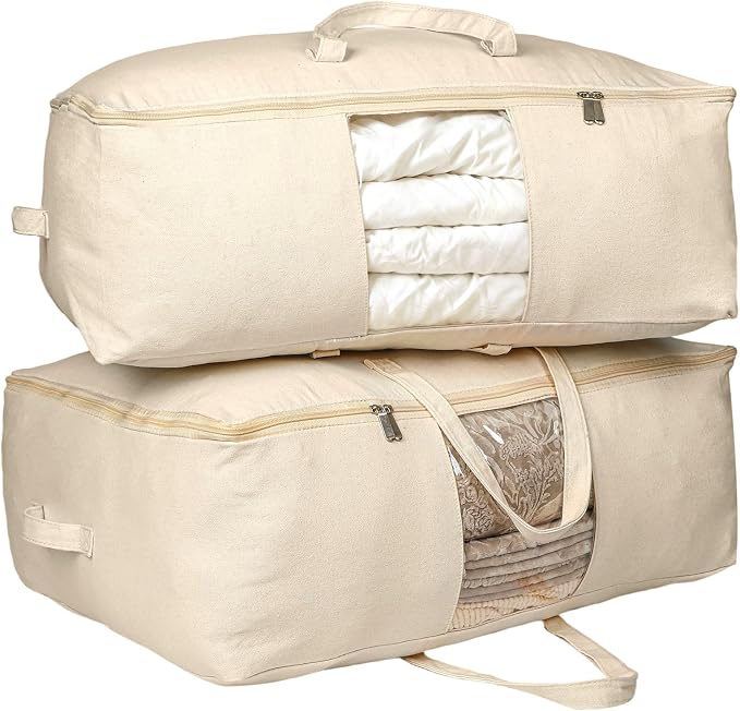 Soft Canvas Storage Bags for Comforters, Blankets, Beddings, Quilt, Clothes | King/Queen Comforter Organizer, Cotton Canvas, 4 Pack, 4 Handles & 2 Clear Windows, Reinforced Zippers, 25x19x9in