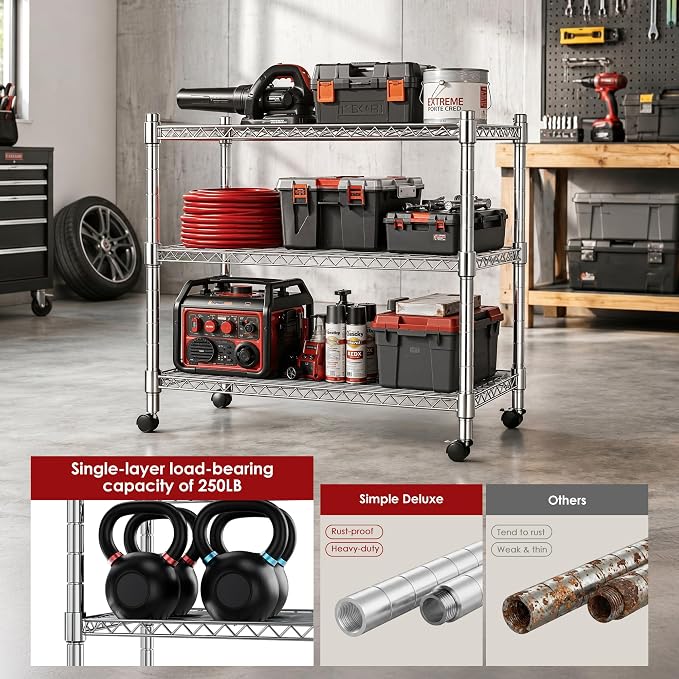 Heavy Duty 3-Shelf Shelving Unit, 24.02" W x 13.78" D x 21.97" H Chrome Steel Storage Rack with Wheels, 2 PP Shelf Liners and Hooks, Adjustable Under Desk Organizer for Kitchen, Office, Garage