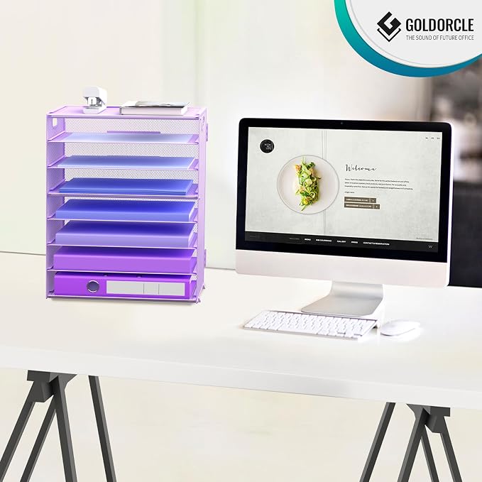 8 Tier Paper Letter Tray Organizer with Handles for Desk (Purple) | Mesh Desk File Holder Storage Organization for Home School Classroom & Office