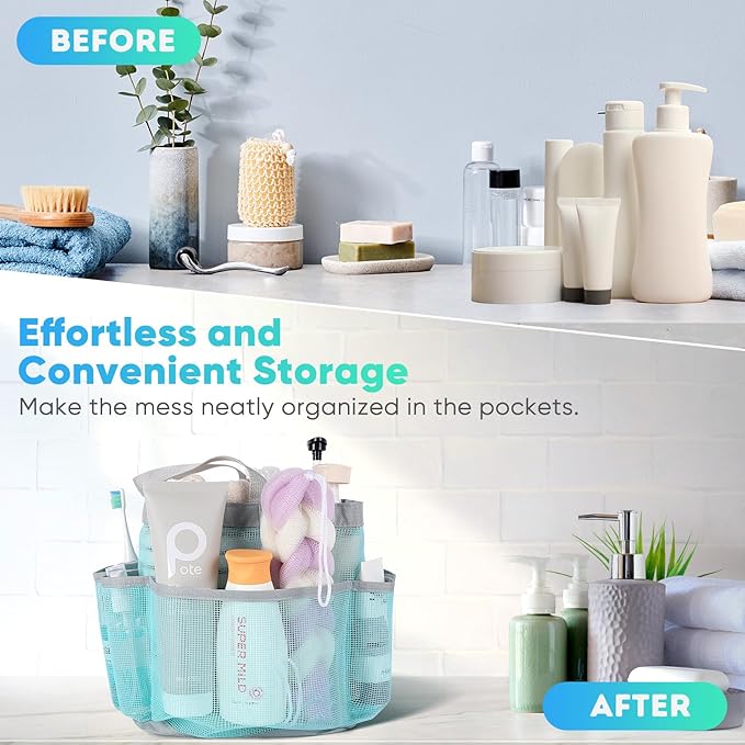EUDELE Mesh Shower Caddy Portable, 8-Pocket Large Capacity, Quick Dry, Easy Clean, for Beach, Swimming, Gym, Travel