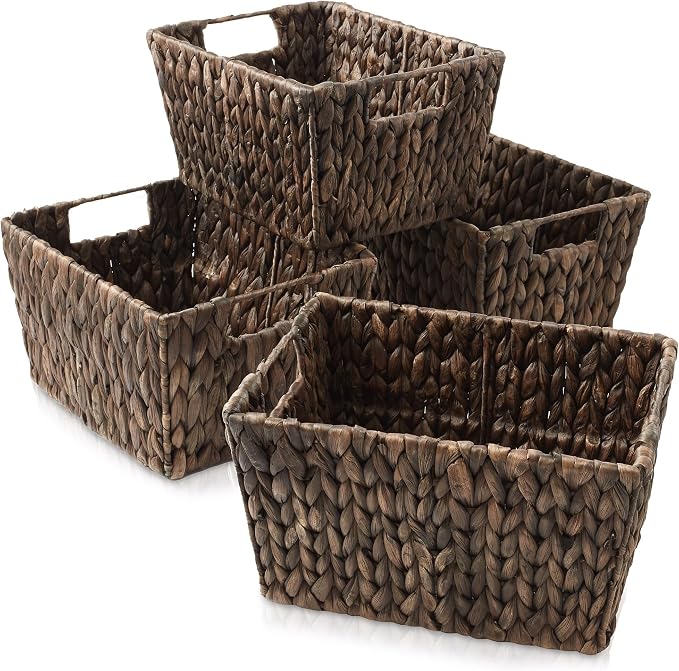 Casafield Set of 4 Water Hyacinth Storage Baskets with Handles - Espresso Brown, Woven Storage Bins for Shelves, Blankets, Laundry Organization